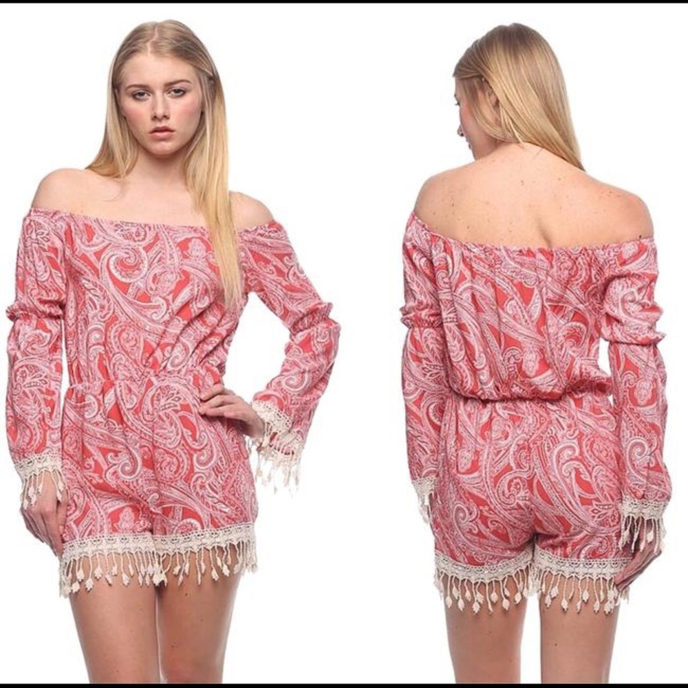 See You Monday Sz XL Coral Paisley Bell Sleeve Fringe Boho Romper Cottagecore